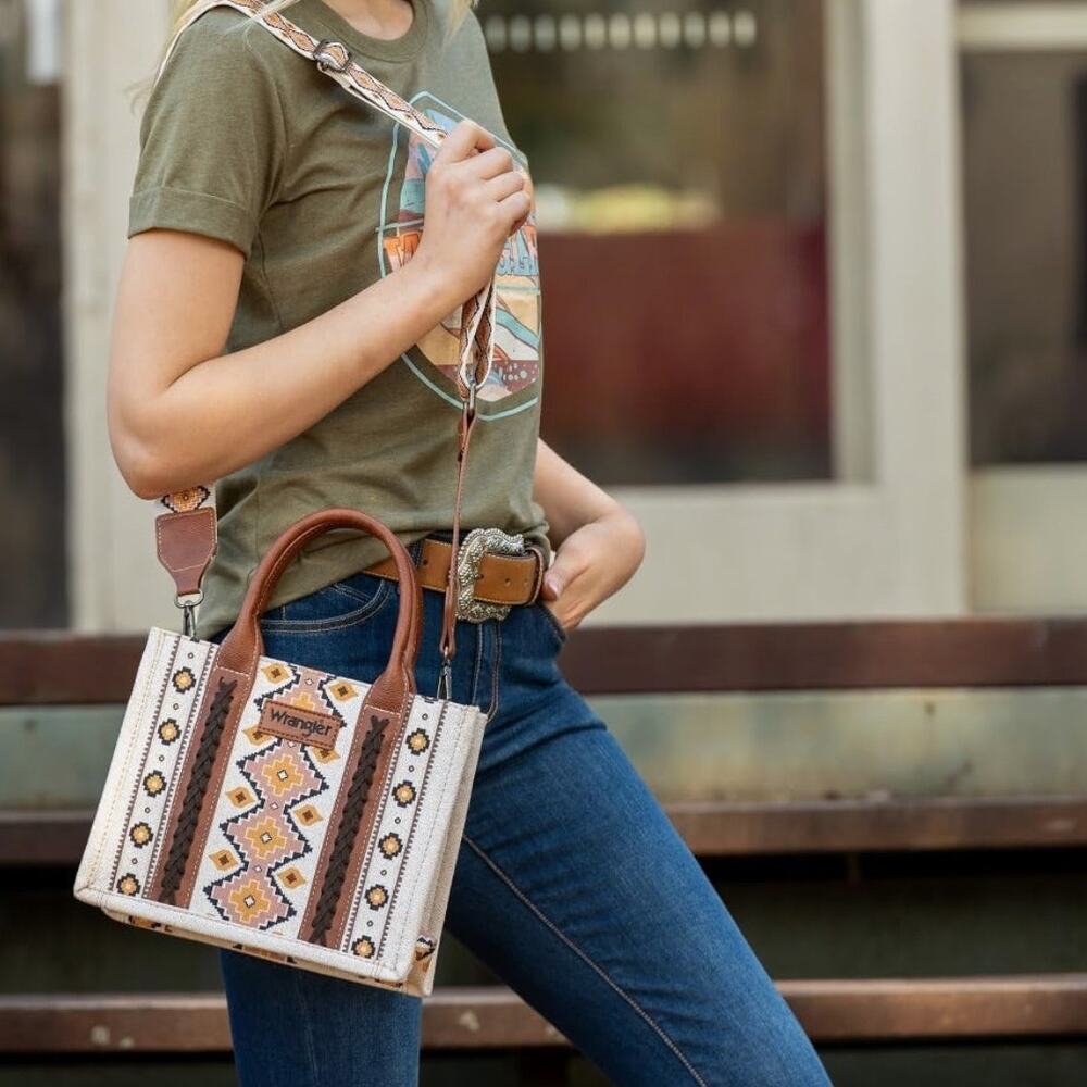NWT! Wrangler Southwestern Small Canvas Tote/Crossbody in Coffee - Picture 2 of 13
